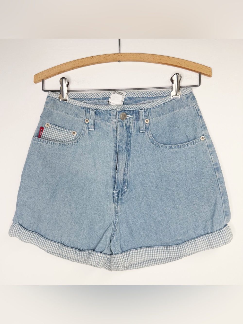 Vintage BUM Equipment Light Wash High Rise Gingham Detail Cuffed Shorts 26 S